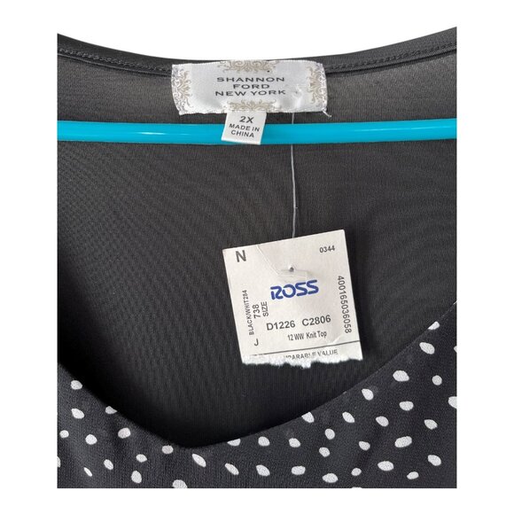 Shannon Ford New York Women’s 2X Black White Polka Dot Asymmetrical Knit Top - Picture 2 of 6